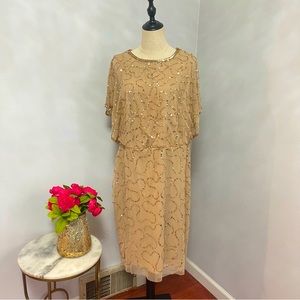 Adrianna Papell Plus Size Champagne Flutter Sleeve Beaded Short Dress- Reemoly